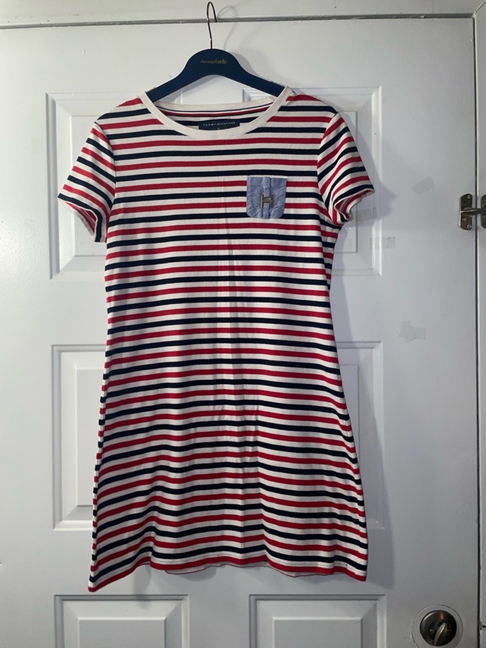 Tommy Hilfiger Red, Navy & White Striped T-Shirt Dress with Pocket